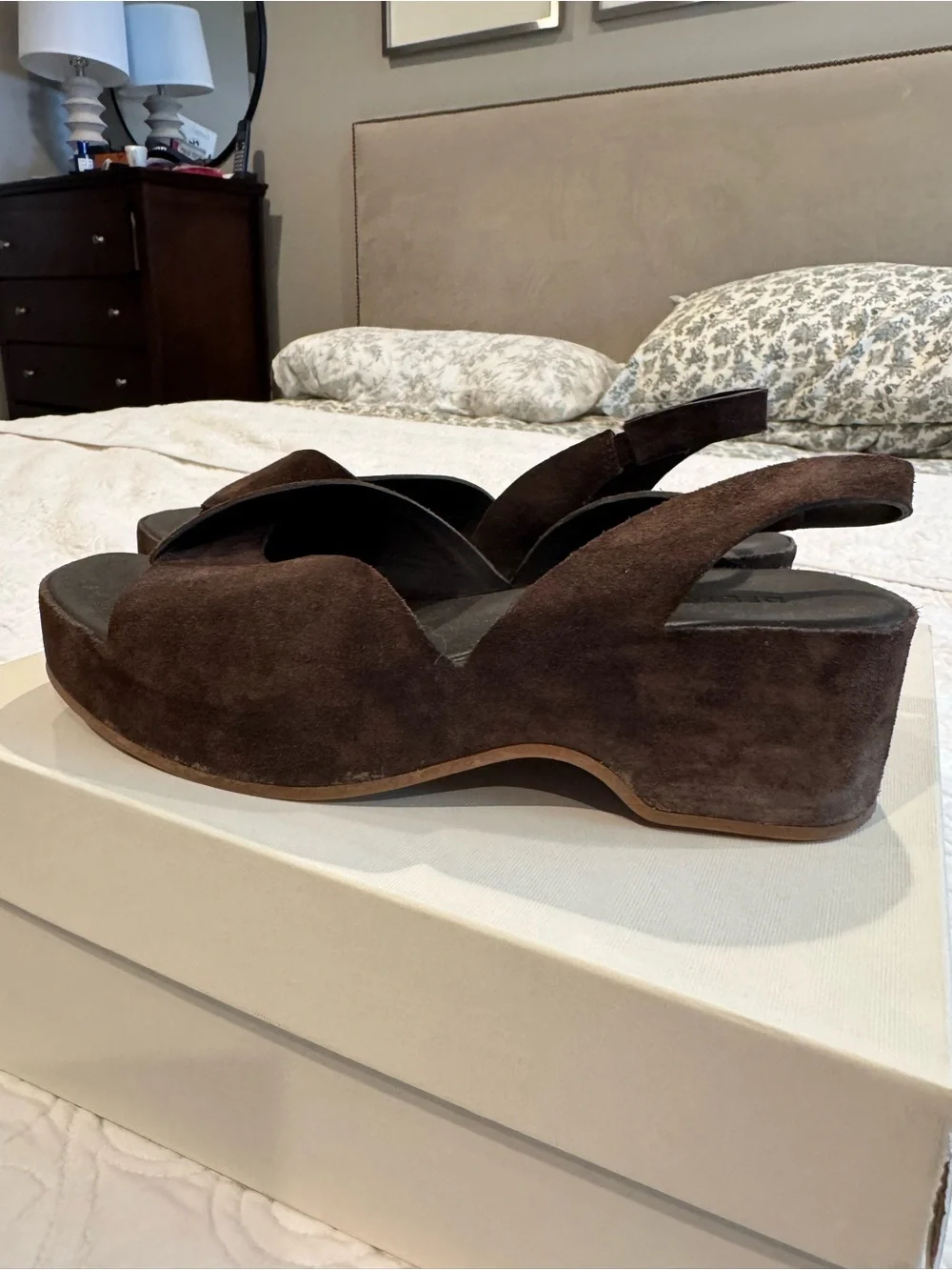 Del Carlo Brown Suede Platform Slingback Sandals